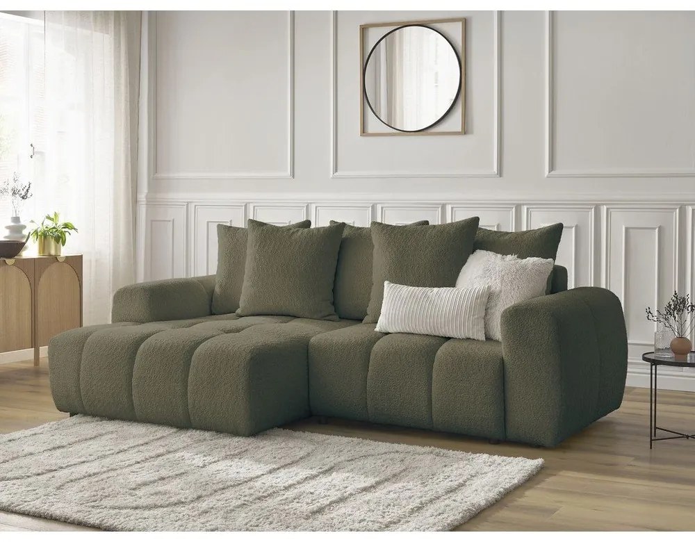 Rozkładany narożnik z materiału bouclé ze schowkiem (lewostronny/z szezlongiem) w kolorze khaki Roxelane – Bobochic Paris