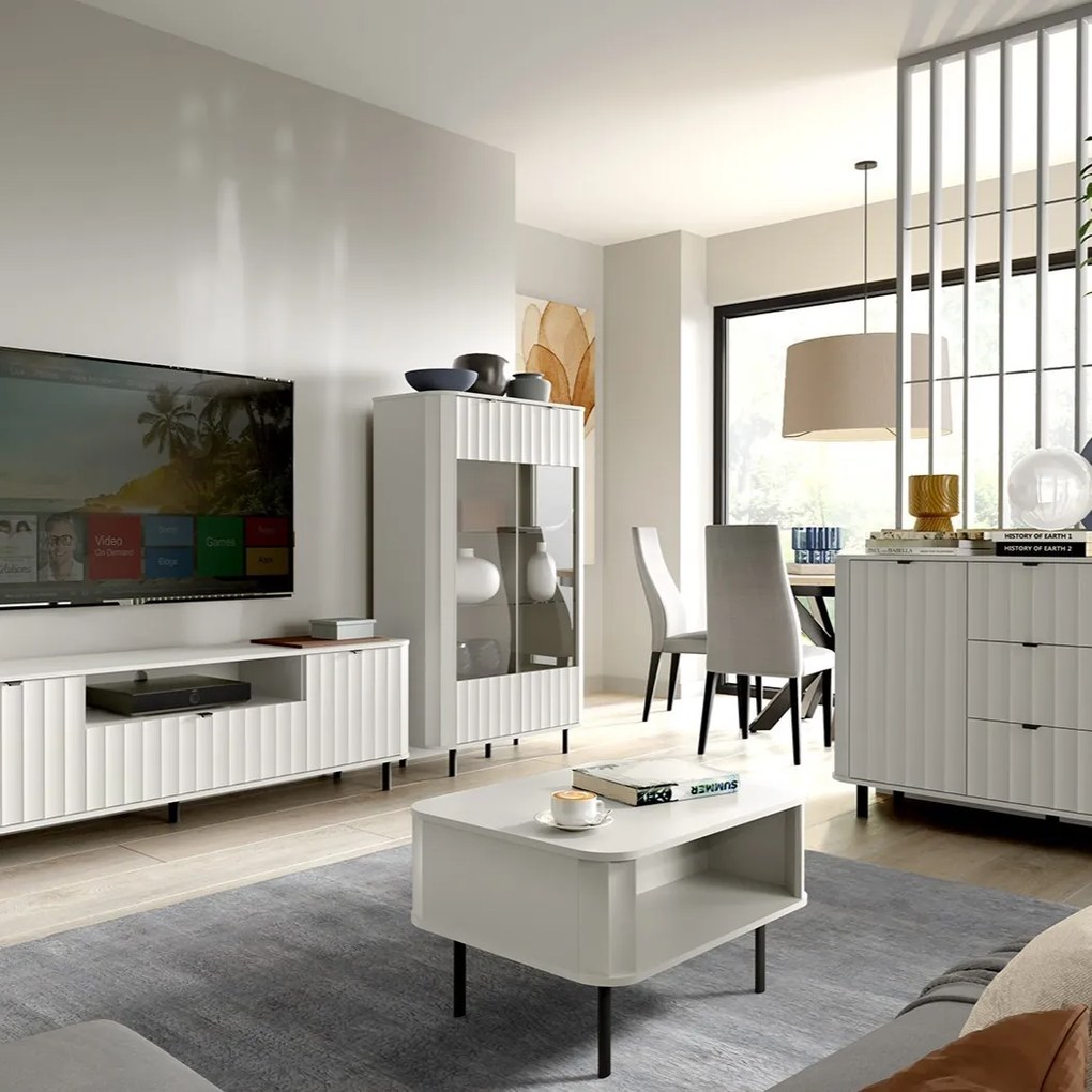 Witryna MODERNO 200 x 98,3 cm, Stojąca witryna do Salonu, Biały