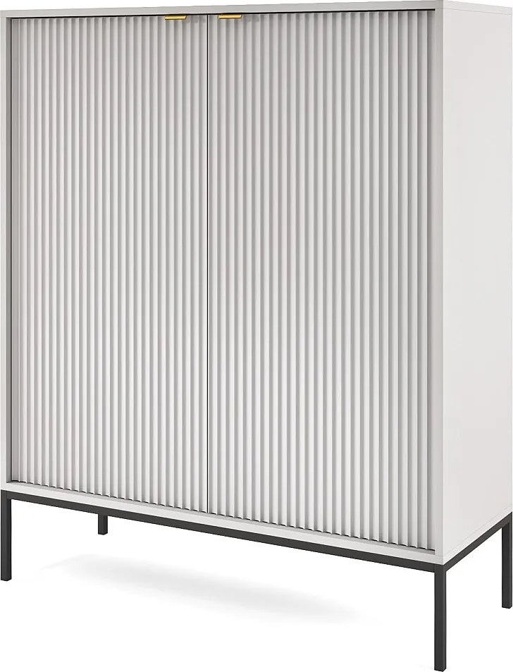 Komoda Wysoka Geriffelt NOVA – 2 drzwi, Highboard z złotymi uchwytami, Szary, czarne nogi 125x104x39cm - Elegancka do salonu