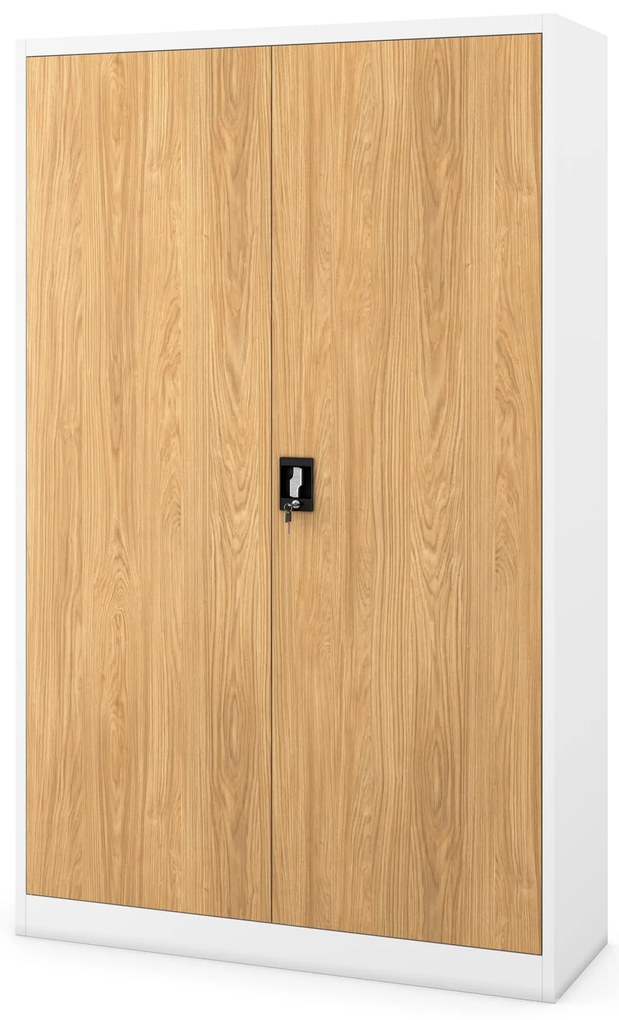 Szafa biurowa metalowa na akta, szeroka, biały/złoty dąb, 1150x1850x400 mm: JAN II Eco Design