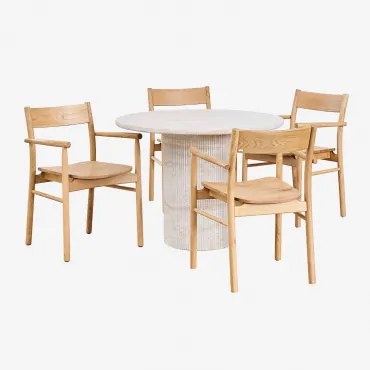 Zestaw Okrągłego Stołu Ø100 Cm W Wyglądzie Cementu Trawertynowego Velia I 4 Krzesła Do Jadalni Z Drewna Dębowego Mara Signature Travertine - Sklum