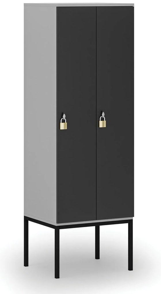Drewniana szafa ubraniowa S4 z podstawą, 2-drzwiowa, 1871 x 600 x 500 mm, demontaż, zamek obrotowy, szary/grafitowy