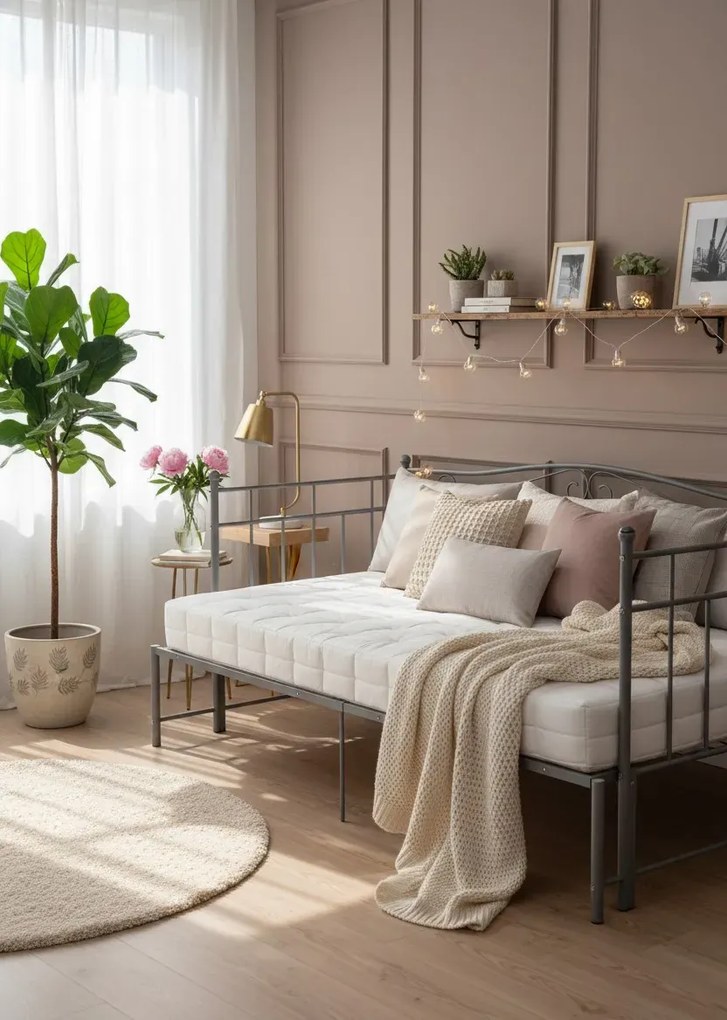 Szare metalowe łóżko rozkładane 90x200 cm A8-D07