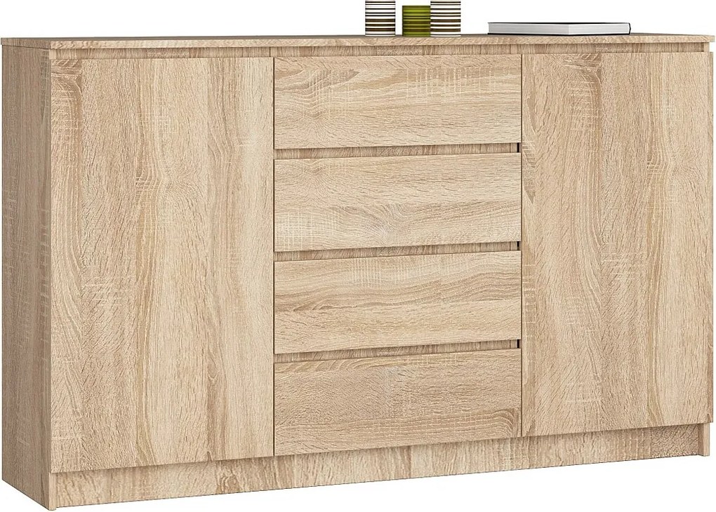 Komoda AKORD K160 Dąb Sonoma 160 cm 2 drzwi 4 szuflady kolor Dąb Sonoma mat 4 półki 160x40x99 cm