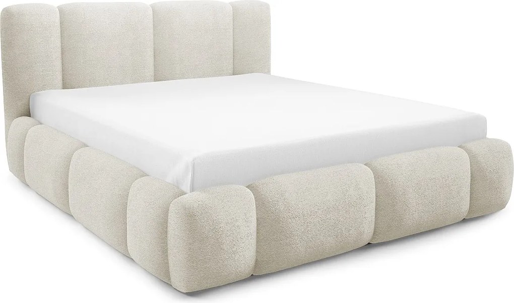 FURNISTAR BIANNO - 180 x 200. Łóżko tapicerowane z pojemnikiem na pościel, dwuosobowe ze stelażem, wygląd boxspring, bez materaca, do sypialni - kremowe