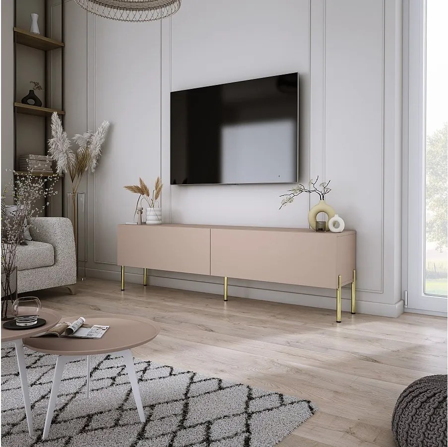 Szafka RTV: Karmelowy Brąz, 140 x 52 x 32 cm, złote nogi