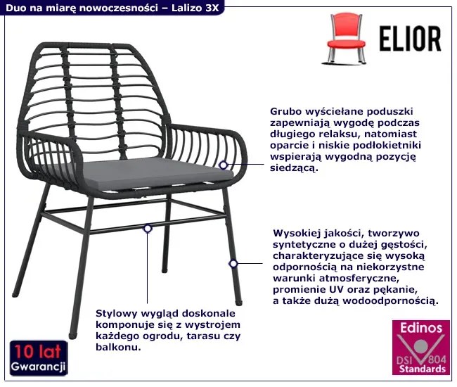 Czarne krzesła ogrodowe z poduszkami 2 szt. - Lalizo 3X