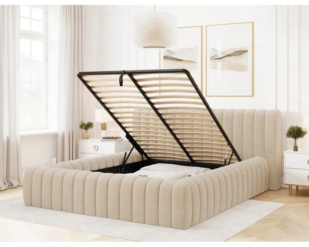Beżowe tapicerowane łóżko dwuosobowe ze schowkiem ze stelażem 140x200 cm Carilla – ELTAP