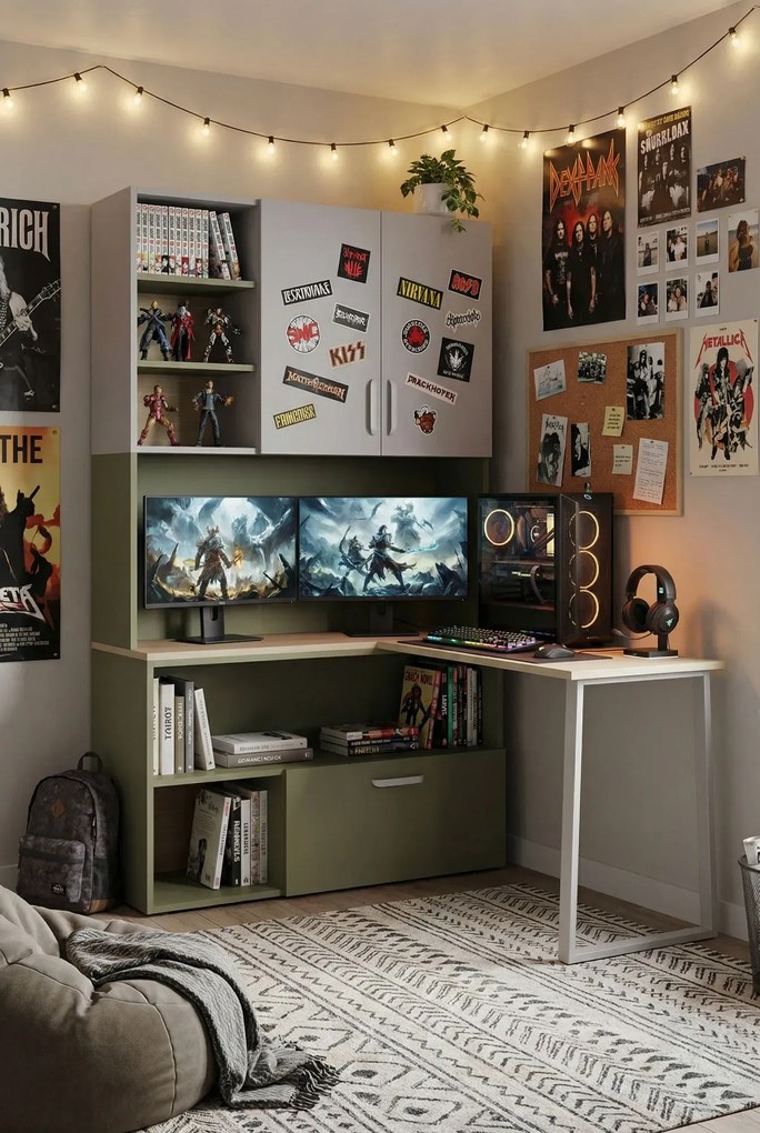 Regał z biurkiem dla nastolatka kaszmir + zielony W9-G98