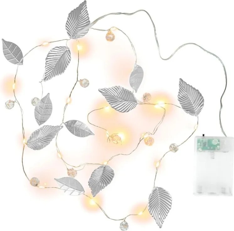 Oświetlenie perełkowe i srebrne listki, 20 diod LED, ciepła