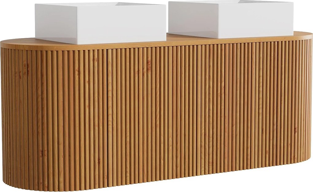 Podwieszana szafka łazienkowa z drewna tekowego z podwójną kwadratową umywalką nablatową - Jasny naturalny - 150 cm - TOWARI