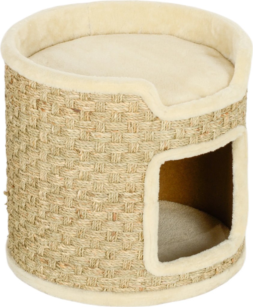 PawHut Drapak dla Kota, Strefa Zabawy i Relaksu, Plusz, Φ38 x 37H cm, Khaki-Beż, do 5 kg