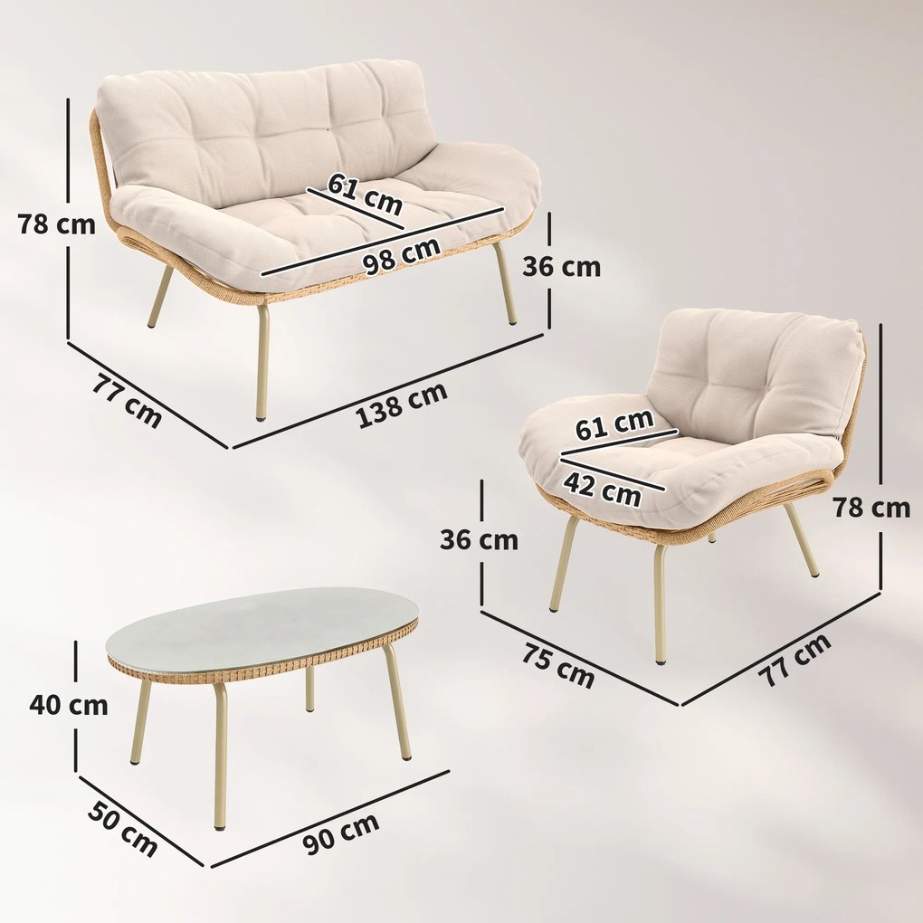 Outsunny Zestaw mebli ogrodowych 4-częściowy zestaw wypoczynkowy z rattanu z sofą, 2 krzesłami, stolikiem, głębokimi siedziskami i grubymi poduszkami | Aosom PL