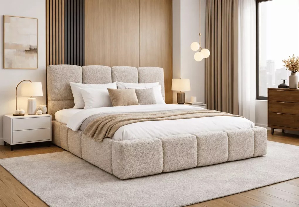Łóżko tapicerowane Neemi z pojemnikiem i stelażem - nowoczesne łóżko do sypialni w czterech wymiarach