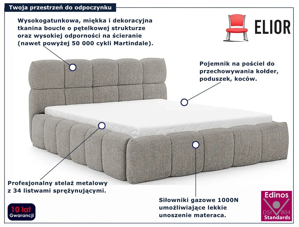Szare nowoczesne łóżko boucle 5 rozmiarów T5-T54