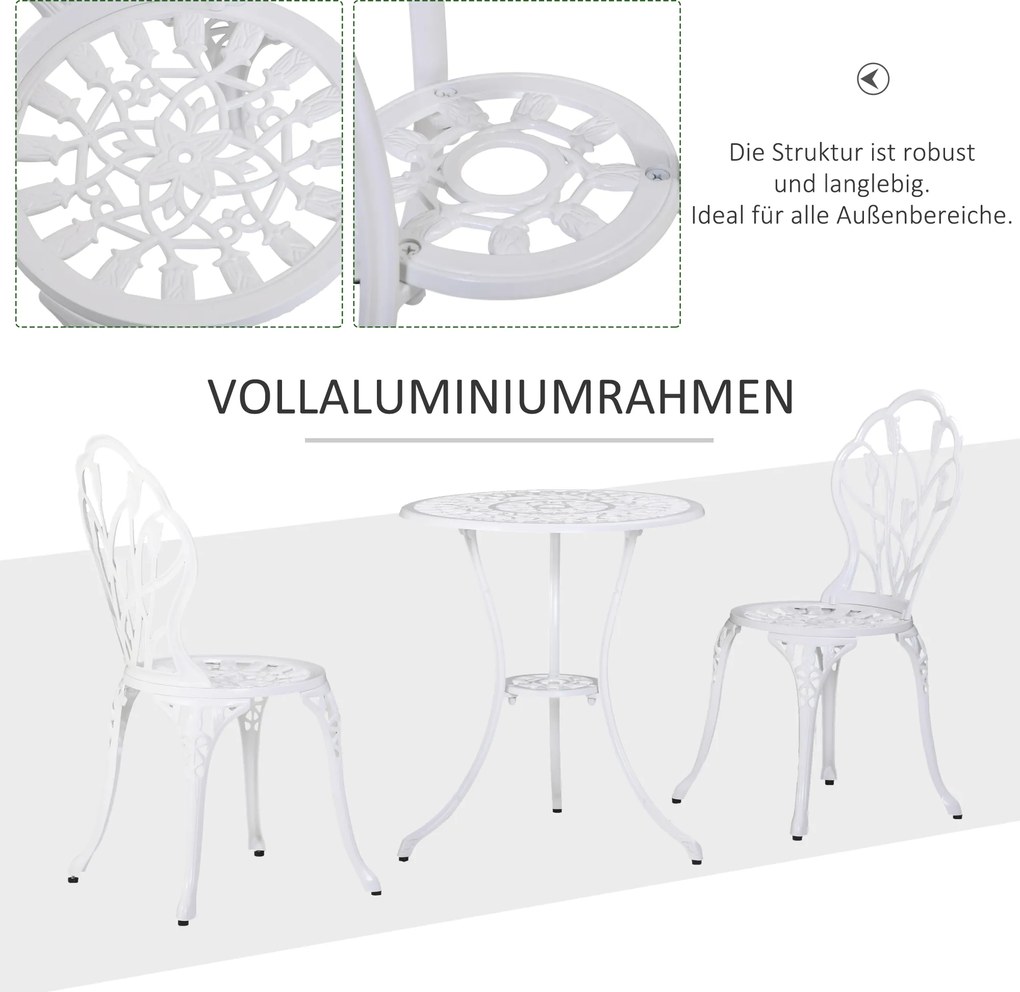 Outsunny Stylowy Zestaw Mebli Balkonowych 3-częściowy - Aluminium, Biały Kolor, 2 Krzesła, Stół z Otworem na Parasol
