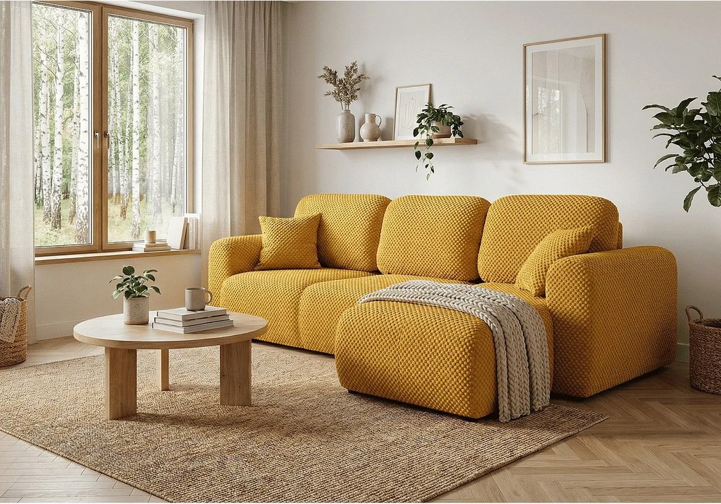 Stylowy narożnik rozkładany prawostronny BINGO L 245x148x87 cm w tkaninie Pop 7 żółtej