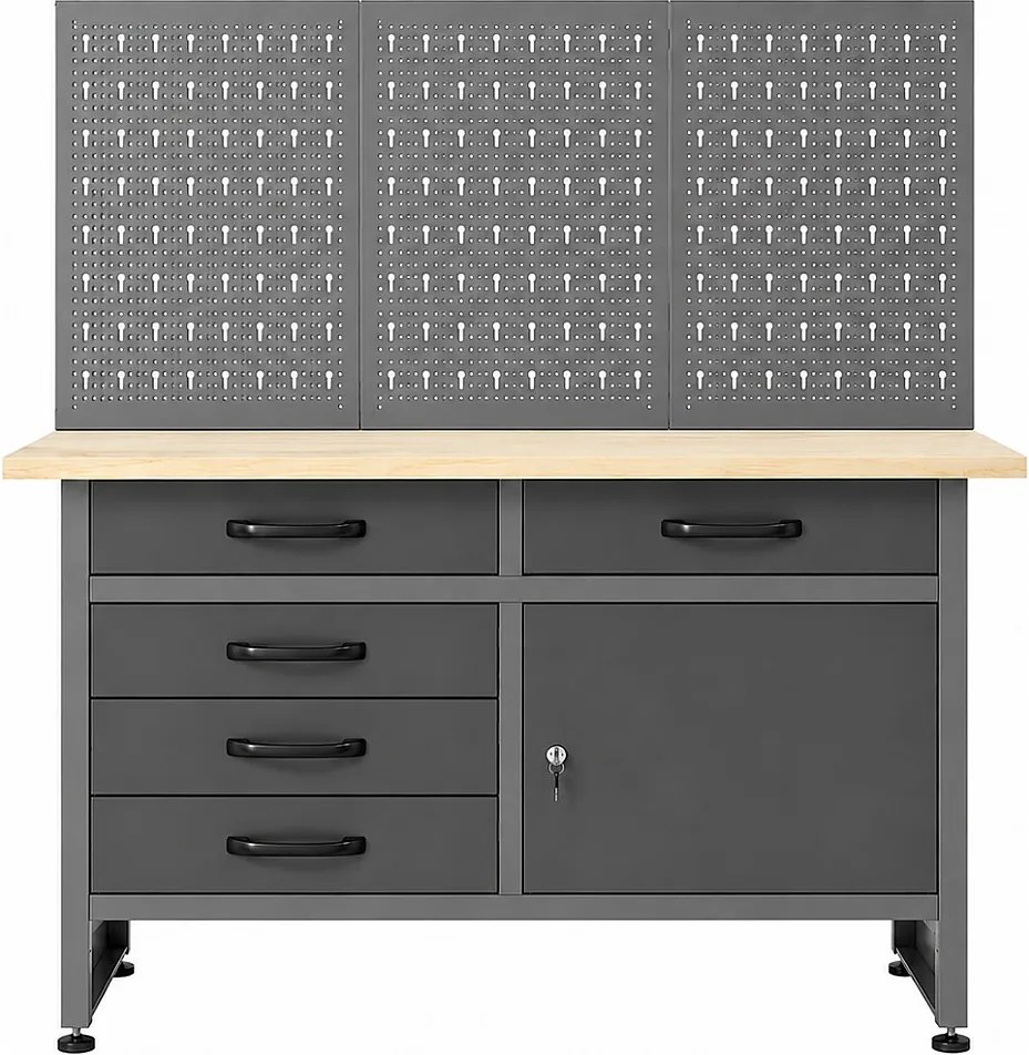 Stół warsztatowy z drewnianym blatem i perforowanym panelem Stal - szer. 120 x gł. 60 x wys. 145 cm - Szary BRICANO