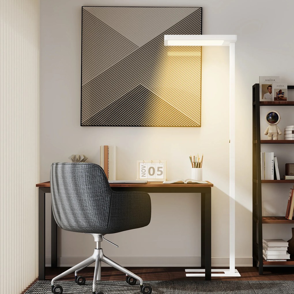 HOMCOM Lampa stojąca LED, łagodne dla oczu światło, lampa podłogowa z pilotem, regulacja jasności, tworzywo sztuczne, metal, biały