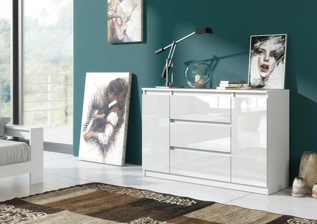 Komoda NUDO - Biały / Front Biały / Połysk / 120 cm / 3 szuflady