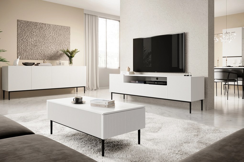 Komoda Nicole 200 cm czterodrzwiowa z ryflowanym frontem - biały mat / czarne nóżki