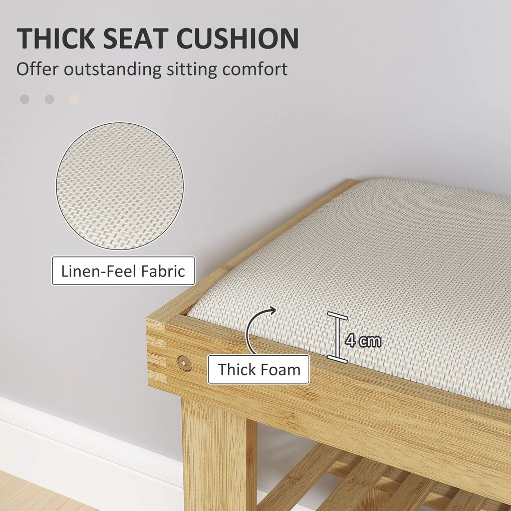 HOMCOM Ławka na Buty z Miejscem Siedzenia, Bambus z Przestrzenią do Przechowywania, 2 Otwarte Przegrody, 60 x 29 x 49 cm Kremowobiały