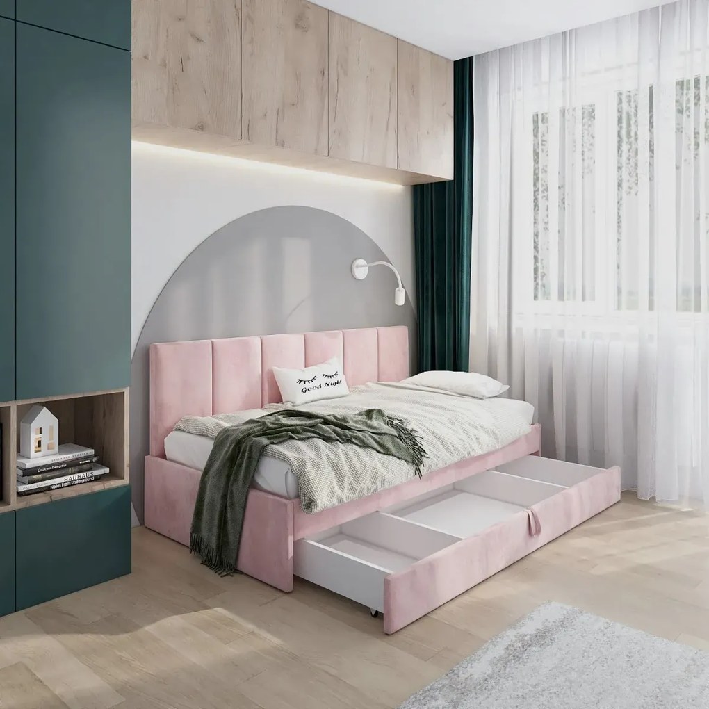 Łóżko młodzieżowe SORA 2 120x200 różowe z tapicerowanym panelem i szufladą MKPOL