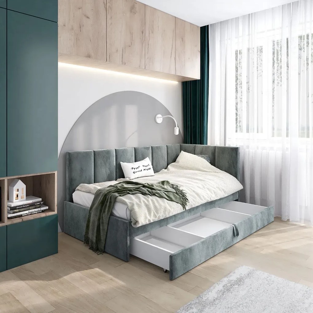 Łóżko młodzieżowe AURA 2 80x200 szare z tapicerowanym panelem L i szufladą MKPOL