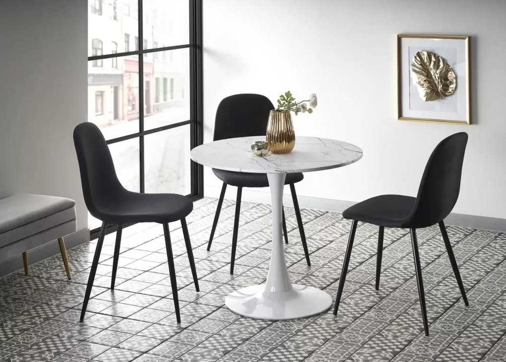 Stół okrągły Vejle 80 cm biały marmur – nowoczesny glamour, MDF, stalowa podstawa
