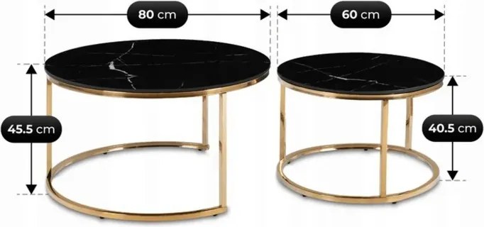 Zestaw Stolików Kawowych MILANO 60 cm/80 cm Czarny Marmur/Złoty Glamour