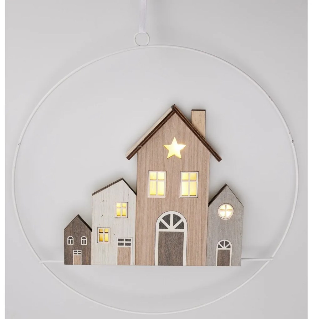 Świąteczna dekoracja wisząca Winter Houses, 30 cm, świecąca, na baterie