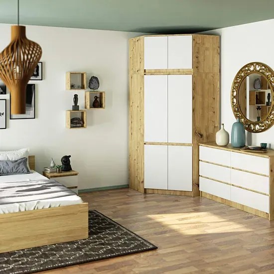 Skandynawska szafa narożna z nadstawką dąb artisan + biały P9-F65