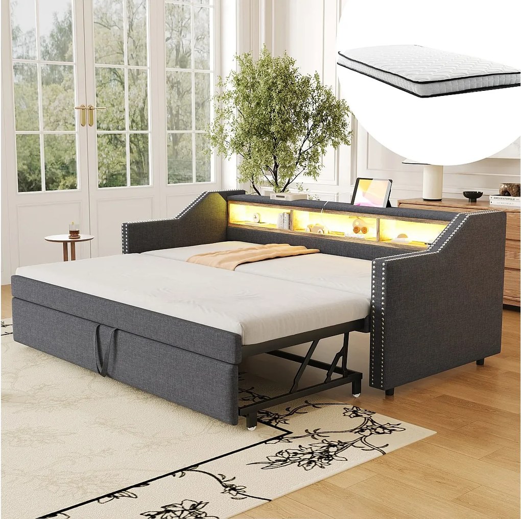 Rozkładana sofa rozkładana - 90/180 x 190 cm - z półkami do przechowywania + diody LED + USB - len + płyta MDF - ciemnoszara (z 2 materacami)