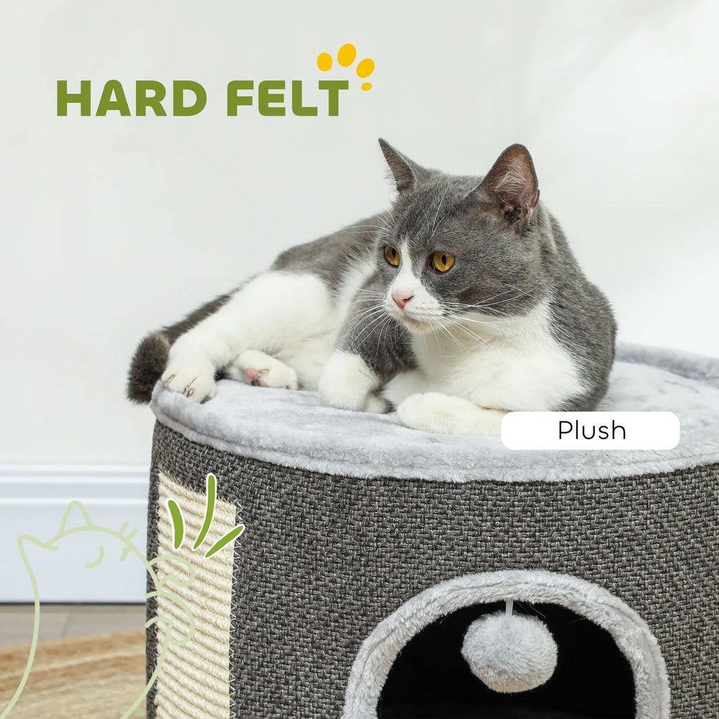 PawHut Kocia jaskinia, 2 poziomy, Domek dla kota, Plusz, Poduszki, Panel drapujący z sizalu, Φ40 x 30H cm, Ciemnoszary
