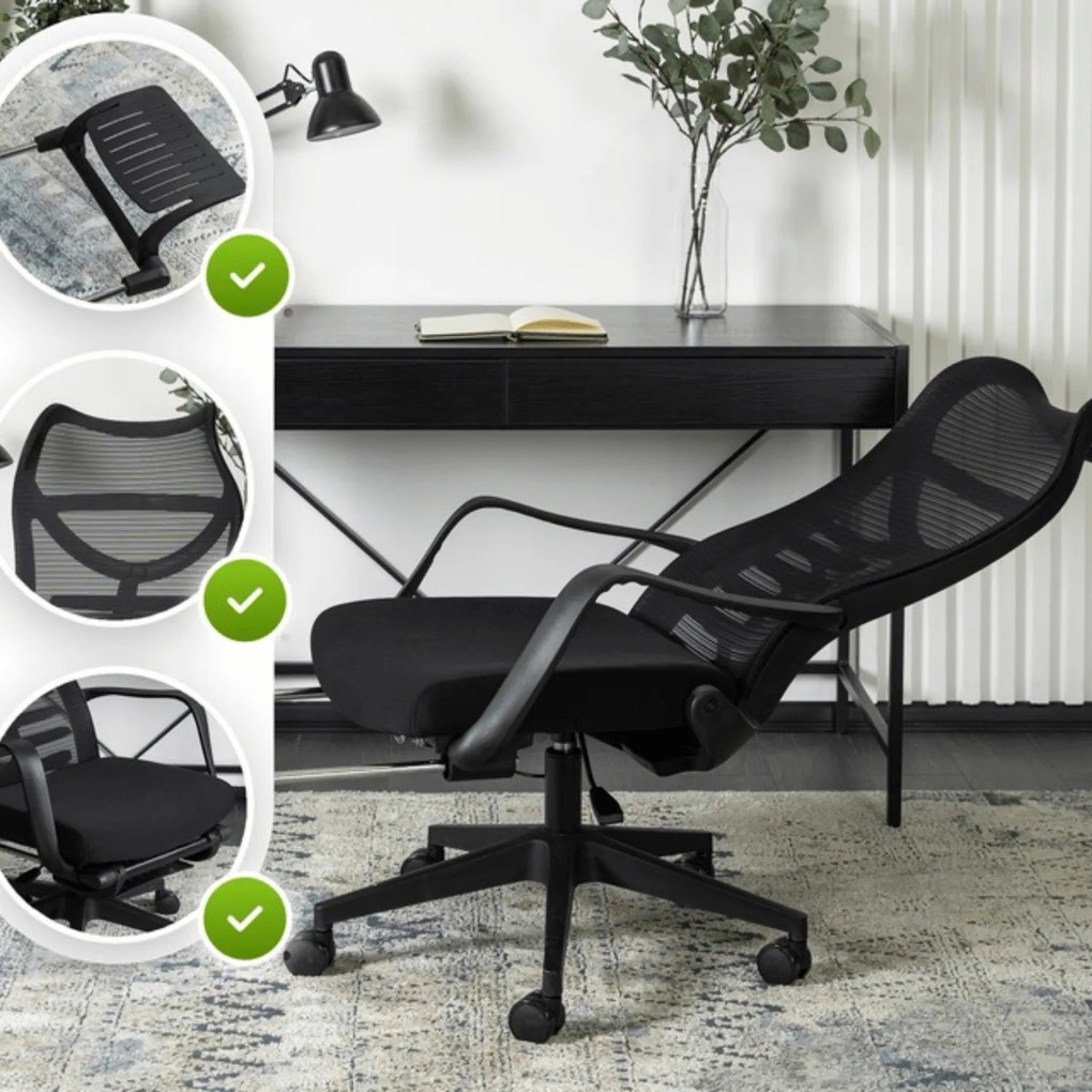 Fotel Biurowy Ergonomiczny Obrotowy z Podnóżkiem ACTON Czarny