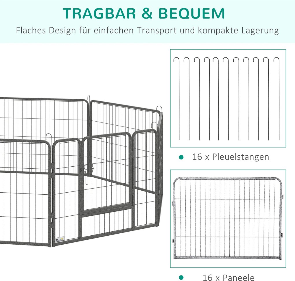 PawHut kojec dla psa, płot dla szczeniąt, dla psa na zewnątrz, krata z 2 drzwiami stalowo-szarymi, 16 segmentów 60 cm wysokości