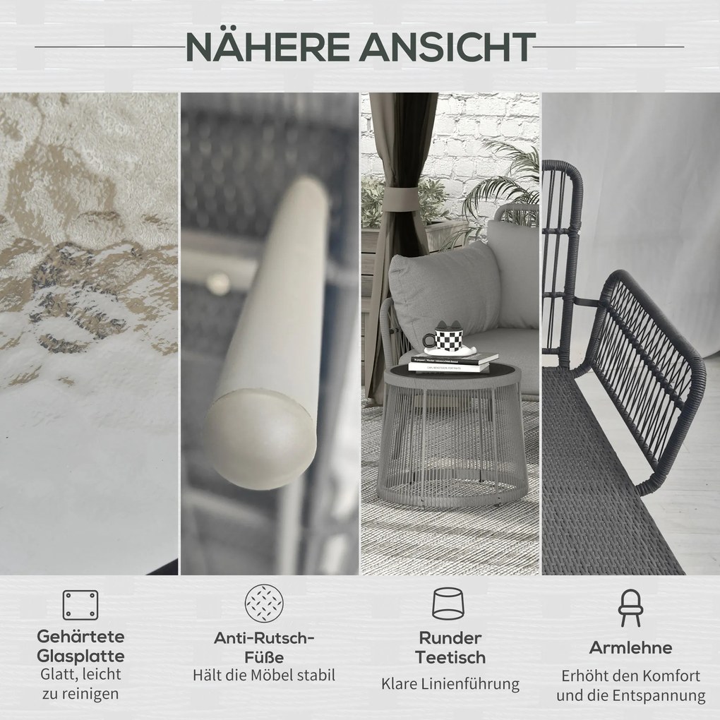 Outsunny 3-częściowy zestaw mebli ogrodowych z rattanu, komplet wraz z poduszkami, zestaw ogrodowy z 1 stolikiem, 1 leżakiem, 1 sofą dwuosobową, zestaw wypoczynkowy do ogrodu, tarasu, stal, jasnoszary