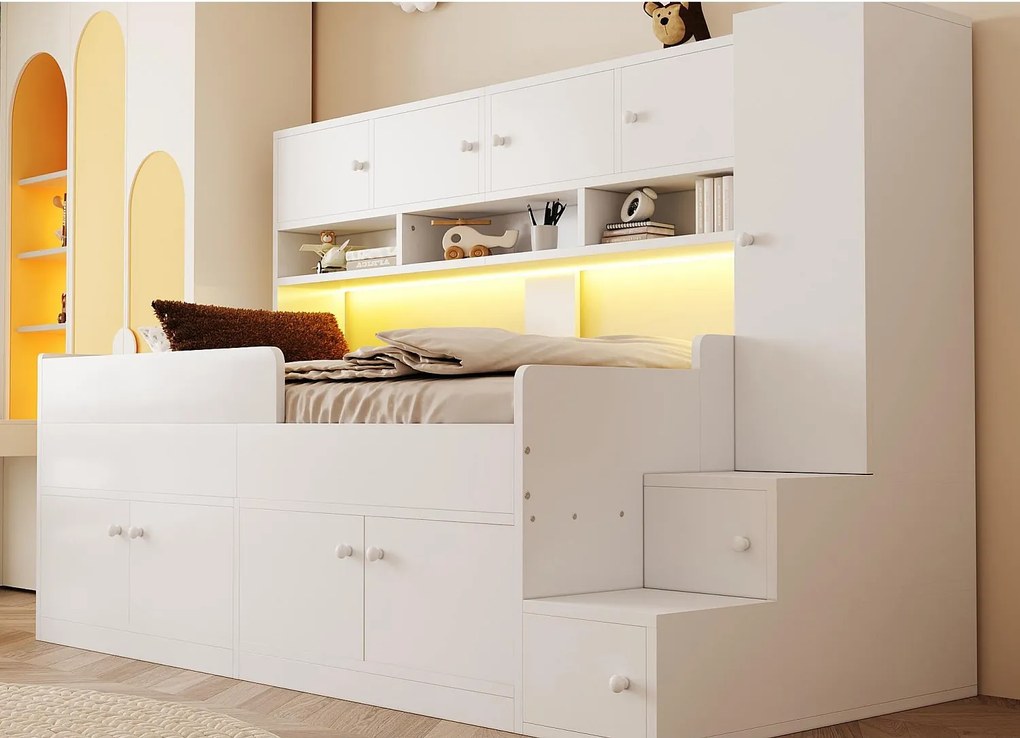 Łóżko dziecięce 90x200cm - z miejscem do przechowywania - z półkami - z szafą - z oświetleniem LED - Biały​ (materac nie jest wliczony w cenę)