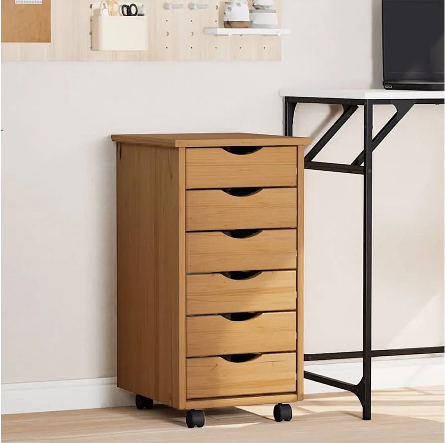 Szafka na kółkach z szufladami MOSS z litego drewna sosnowego - Brązowy Miód - 6 szuflad