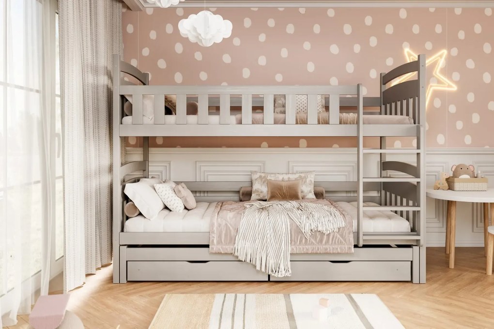 Łóżko piętrowe JULITA 160x80 białe drewniane trzyosobowe z szufladami KOCOT KIDS
