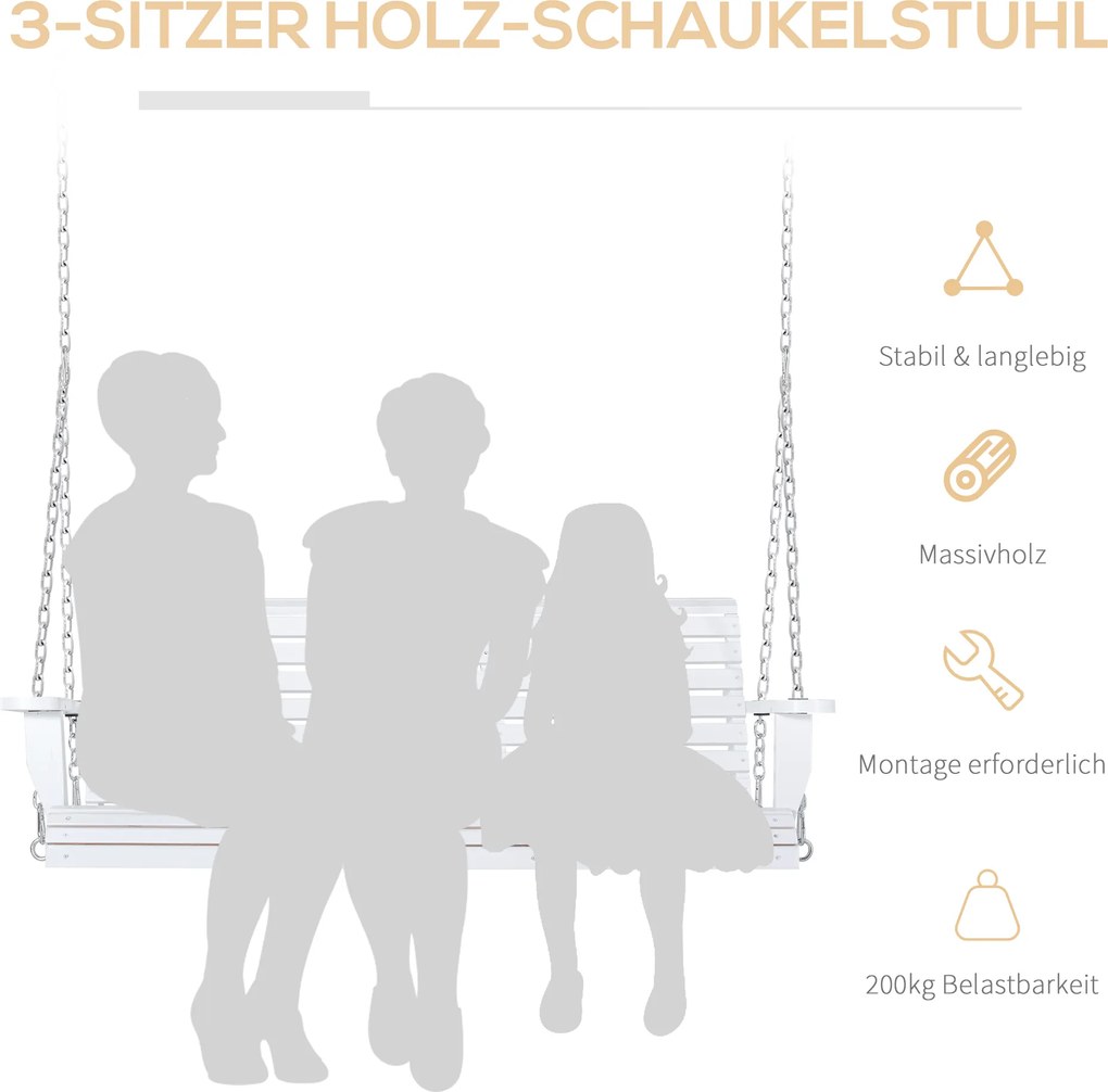 Outsunny 3-Seater Wooden Porch Swing Bench with Folding Coffee Table, Durable PU Coating, Chains Included, White