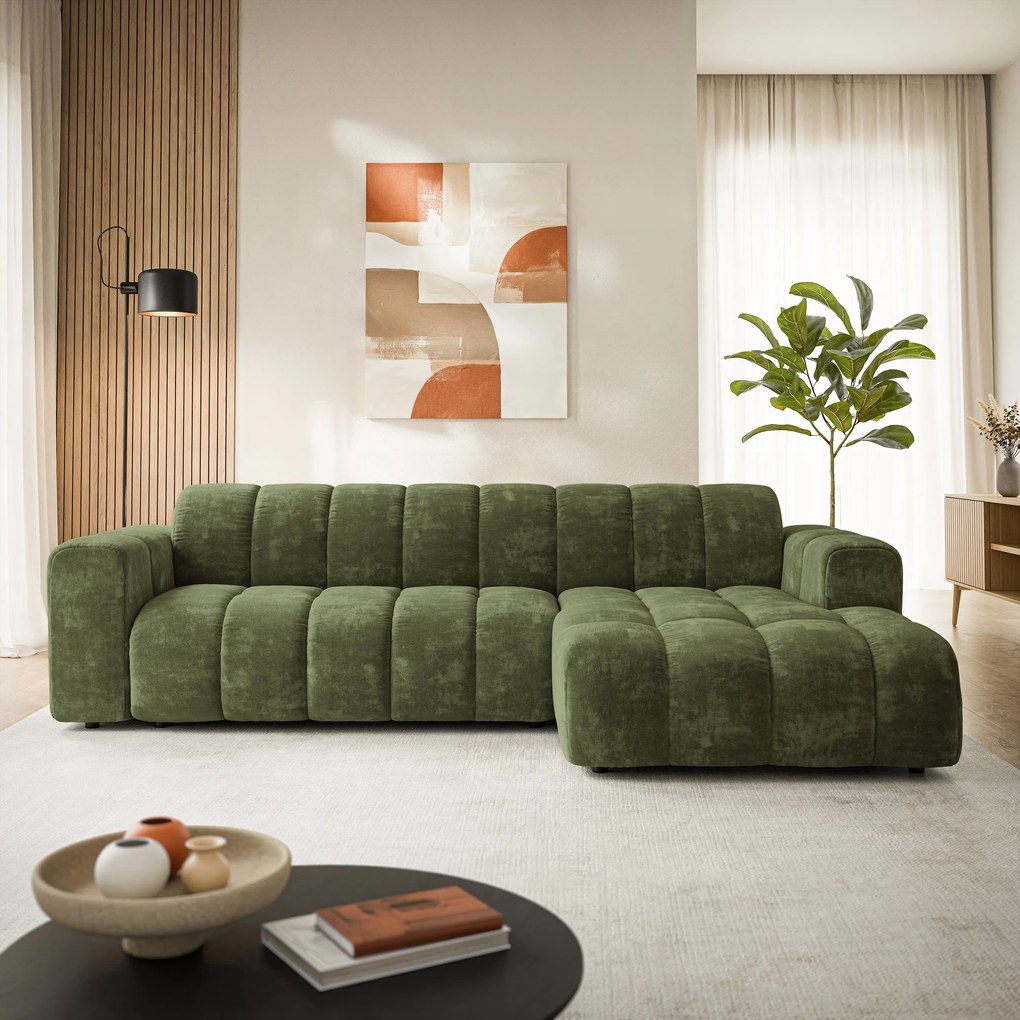 Masseno Narożnik SETIA Prawostronny, L-Kształtny, Nowoczesna Sofa narożna, Tkanina Szenilowa - Zielony, LUMO 20