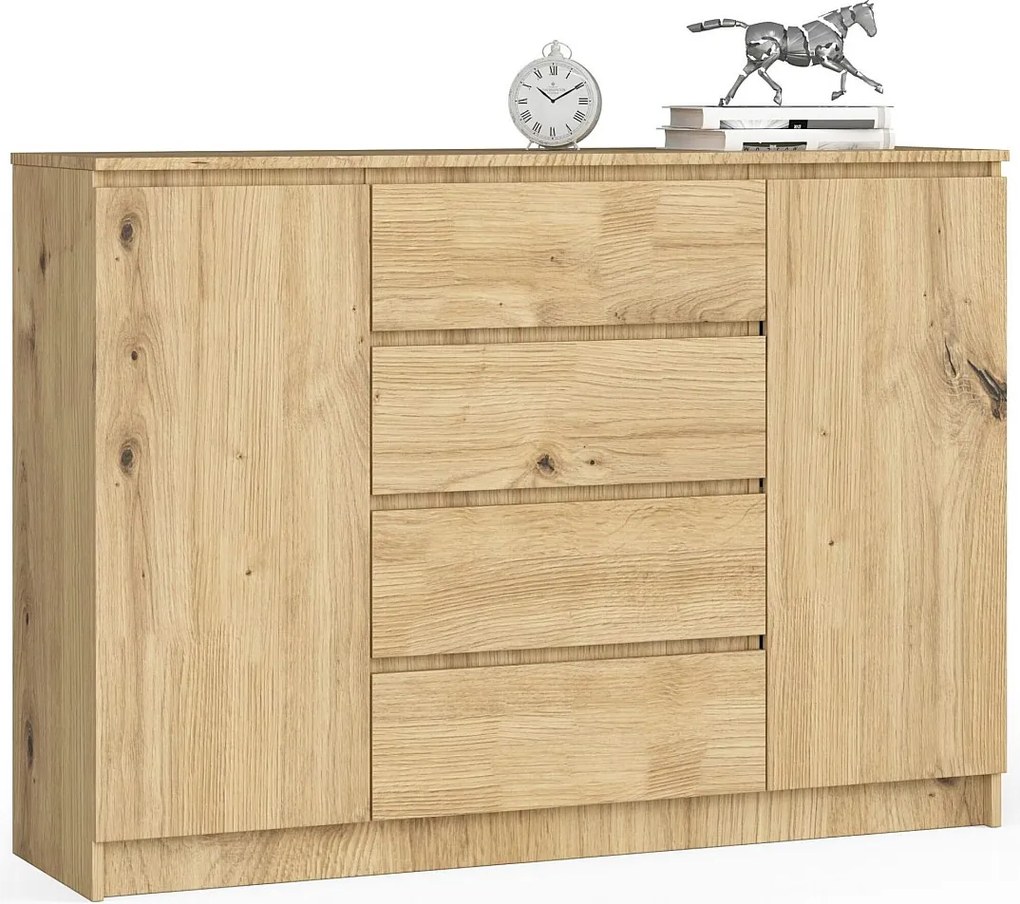 Komoda AKORD K140 Dąb Artisan 138 cm 2 drzwi 4 szuflady kolor Dąb Artisan mat 4 półki 138x40x99 cm