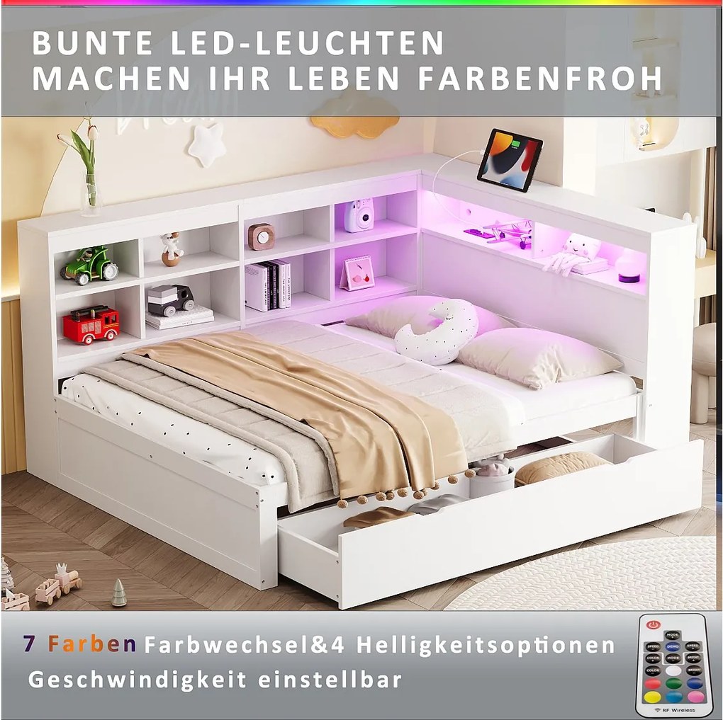 Sofa dziecięca z funkcją spania - 140 x 200 cm - z 1 szufladą + USB + diodami LED - z półkami do przechowywania - drewno - biały