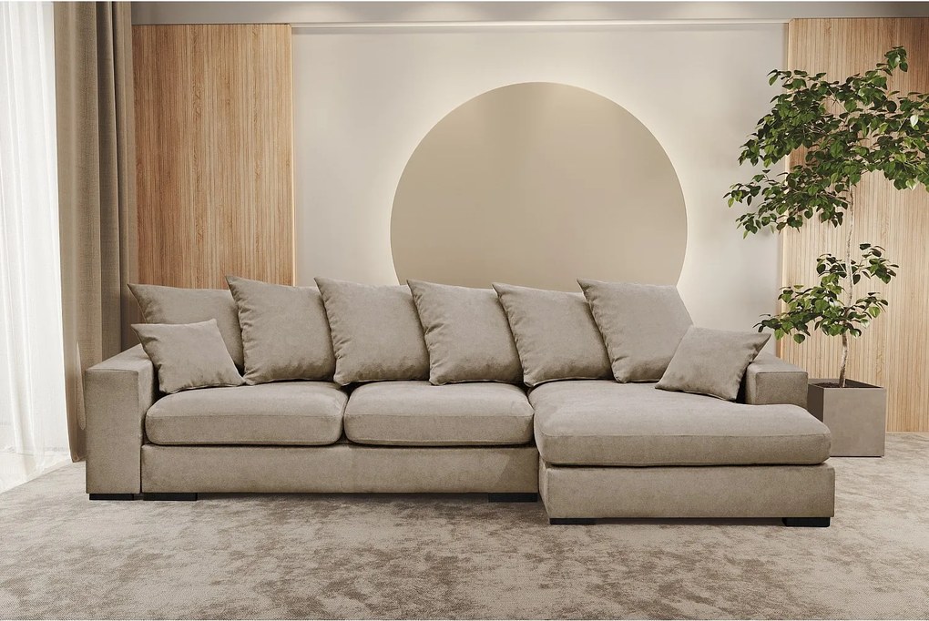 Narożnik z funkcją spania i pojemnikiem, Sofa w kształcie L Gabon L, tkanina Riviera, Beżowy, Prawy