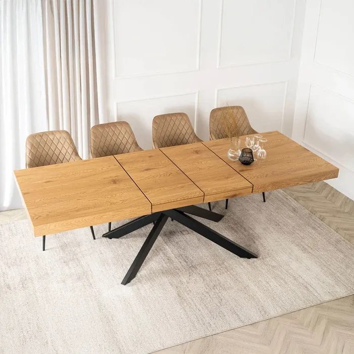 Zestaw Stół Prostokątny Rozkładany HAMPTON 160-240 cm Dąb/Czarny i 4 Krzesła Tapicerowane BRESSO Beżowe
