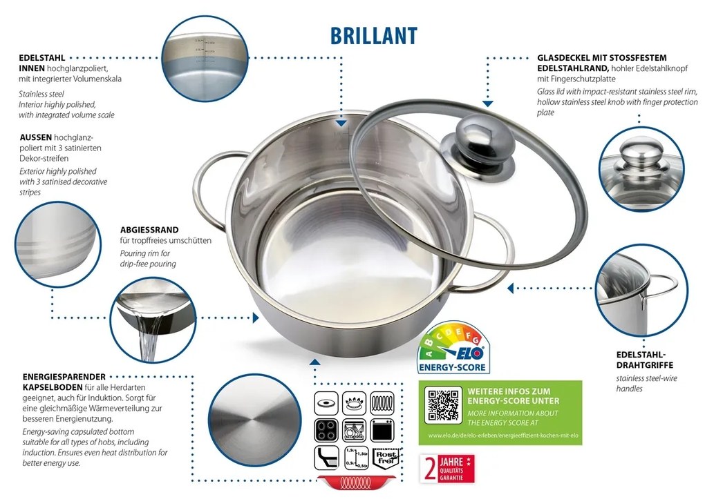 Elo 22224 Basic Garnek ze stali nierdzewnejBrillant 24 cm, 5,4 l, 5,4 l