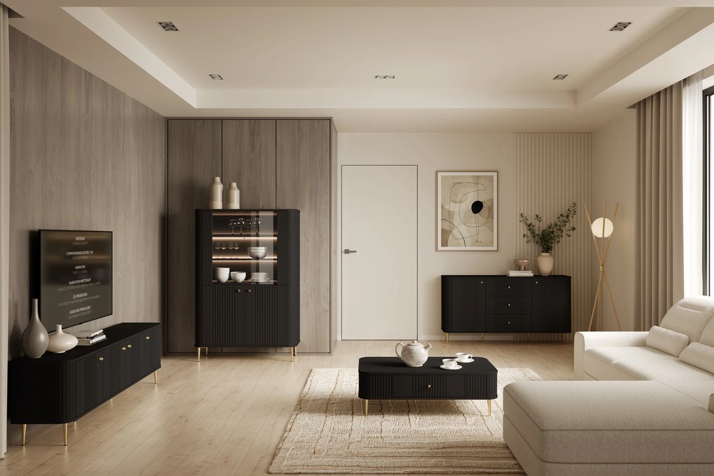 Witryna Vesper 103 cm czterodrzwiowa - czarny / złote nogi