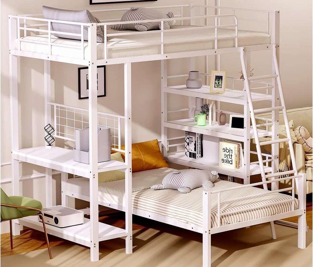 Łóżko piętrowe 90X200cm - Z wieloma schowkami - Metalowa konstrukcja - Z drabiną bezpieczeństwa - Z barierką - Białe (bez materaca)