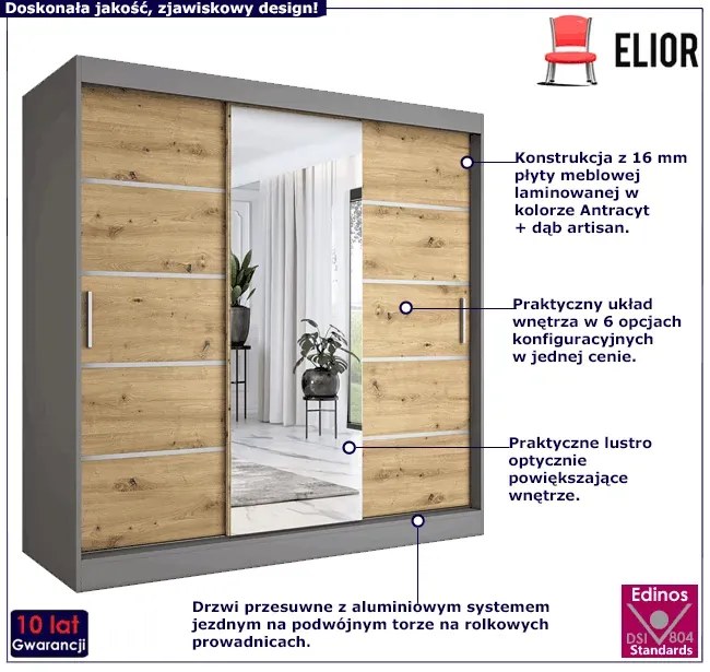Szafa Przesuwna 200 Cm Antracyt + Dąb Artisan S8-C41